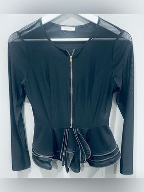 Parvenue Black Peplum Zip Sheer Mesh Top with Multi Zipper Layered Hem